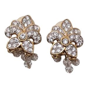 Vintage Swarovski Signed Clip On‎ Earrings Gold Tone Crystals